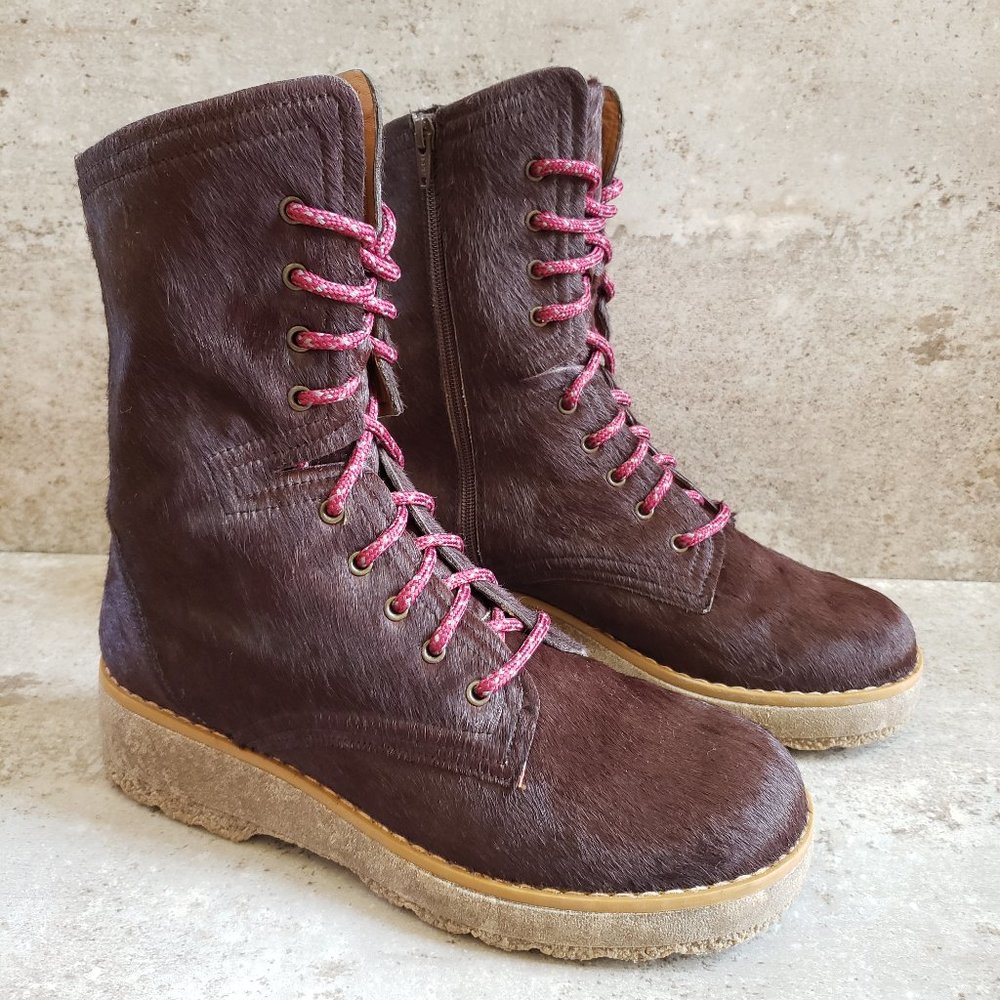 FREE PEOPLE Taos Combat Boots Burgundy Calf Hair Chunky Lace Up Womens 41 US 11